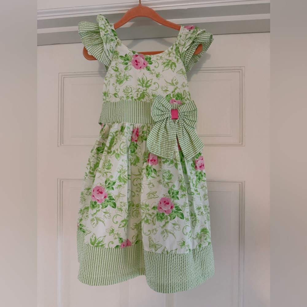 Bonnie Jean White Dress with Green Floral Print and Pink Roses